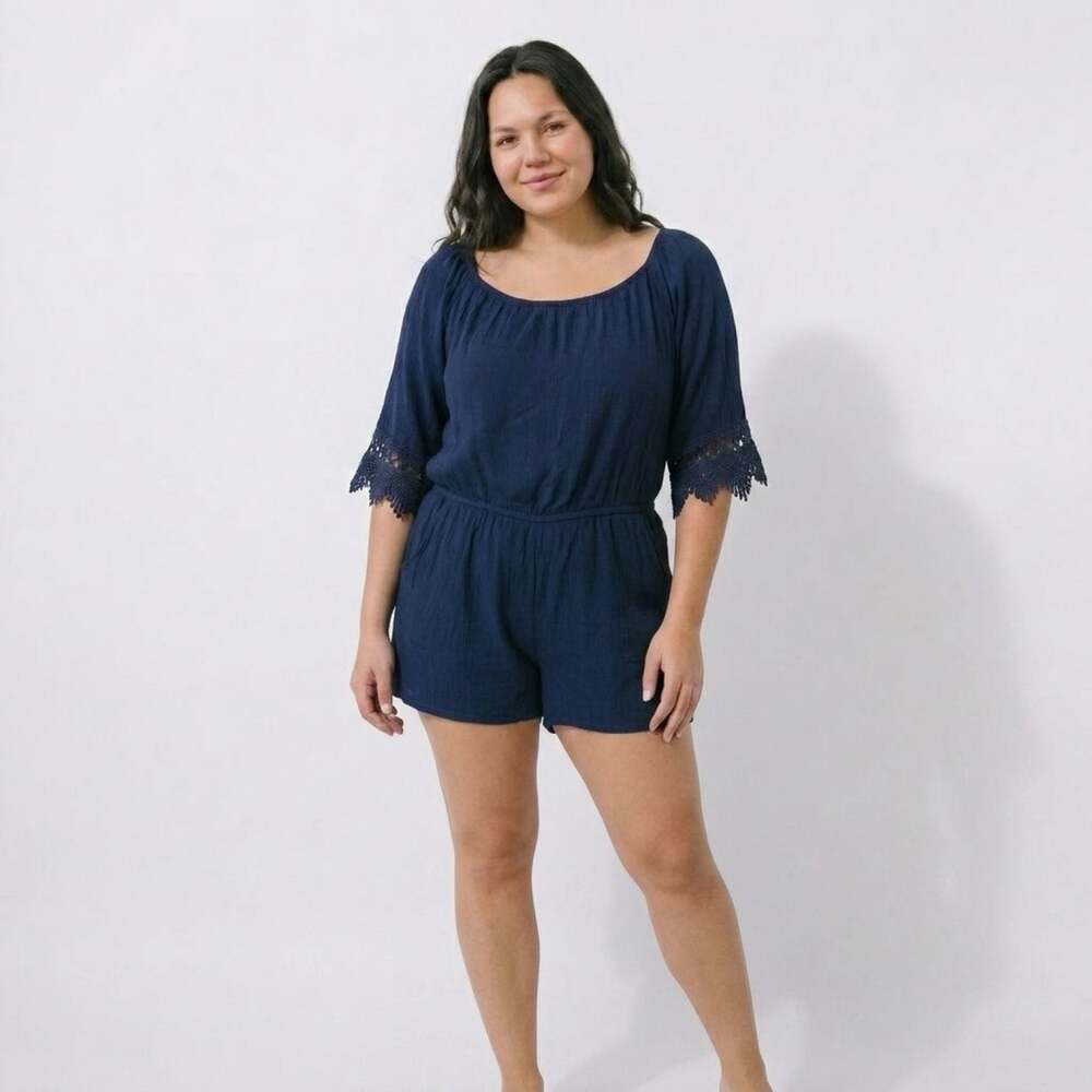 Ambiance Apparel Navy Blue Short Sleeve Romper with Lace Trim Details